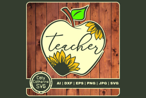 Teacher Apple Graphic with Sunflowers for Crafts and Graphics